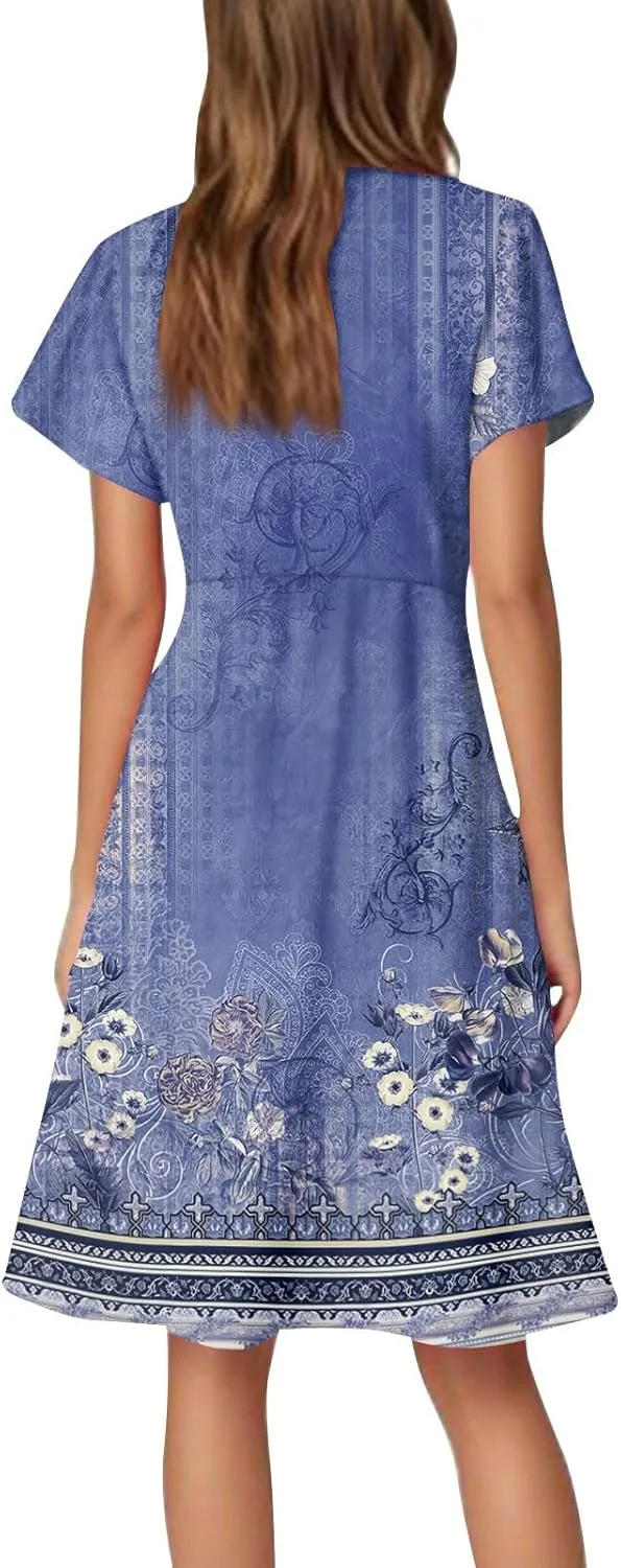 Summer Women's V Neck Knee Length Outdoor Dress 2025 Casual Floral Printed Dresses Bell Sleeve Vacation Beach Sundress