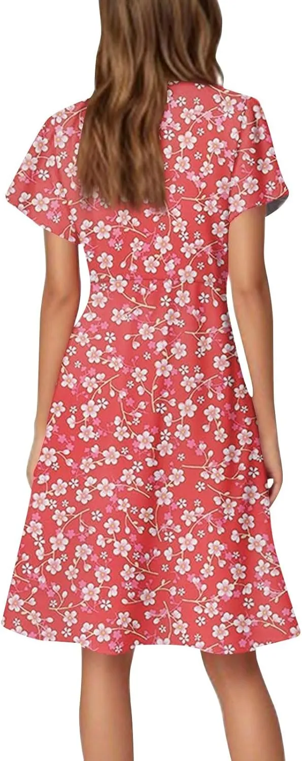 Summer Women's V Neck Knee Length Outdoor Dress 2025 Casual Floral Printed Dresses Bell Sleeve Vacation Beach Sundress