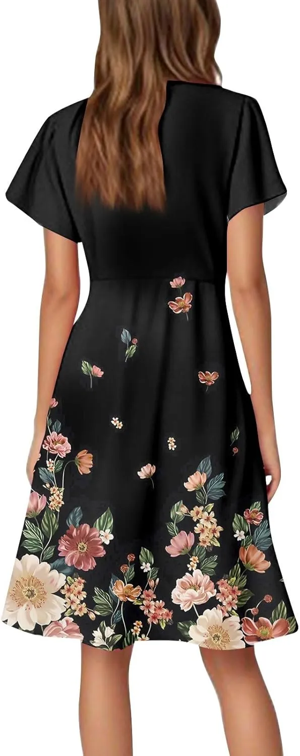 Summer Women's V Neck Knee Length Outdoor Dress 2025 Casual Floral Printed Dresses Bell Sleeve Vacation Beach Sundress