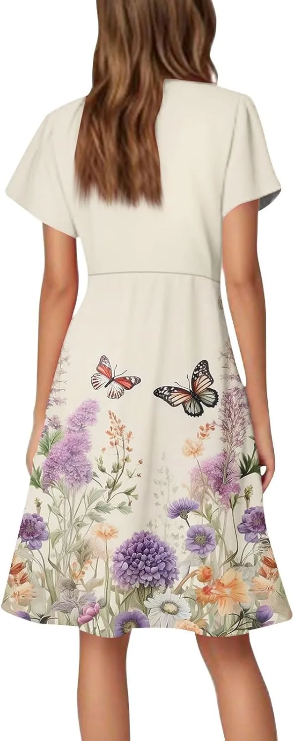 Summer Women's V Neck Knee Length Outdoor Dress 2025 Casual Floral Printed Dresses Bell Sleeve Vacation Beach Sundress