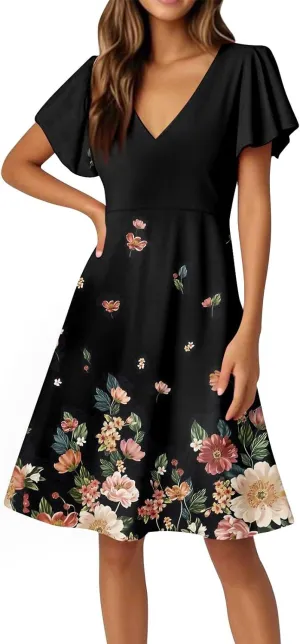 Summer Women's V Neck Knee Length Outdoor Dress 2025 Casual Floral Printed Dresses Bell Sleeve Vacation Beach Sundress