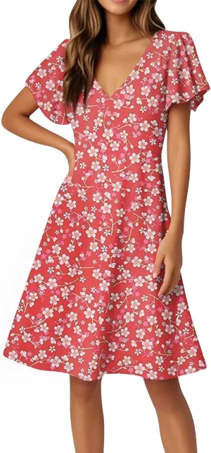 Summer Women's V Neck Knee Length Outdoor Dress 2025 Casual Floral Printed Dresses Bell Sleeve Vacation Beach Sundress