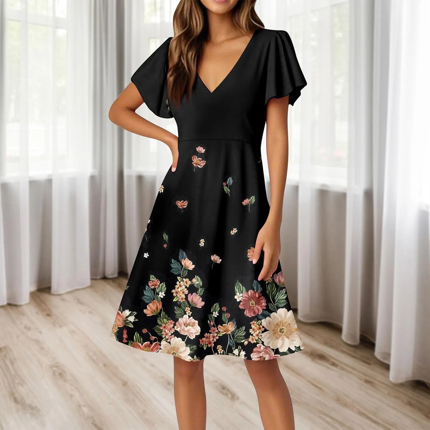 Summer Women's V Neck Knee Length Outdoor Dress 2025 Casual Floral Printed Dresses Bell Sleeve Vacation Beach Sundress