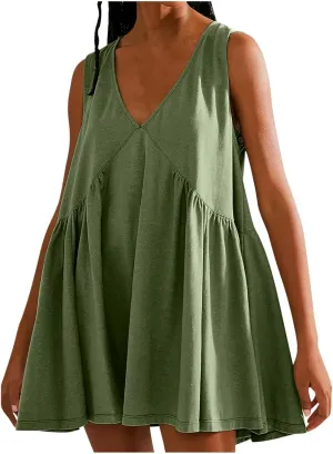 Sundresses for Women 2024 Solid Sleeveless Ruffle Mini Dresses Summer Casual Loose V Neck Solid Dress Going Out Beach