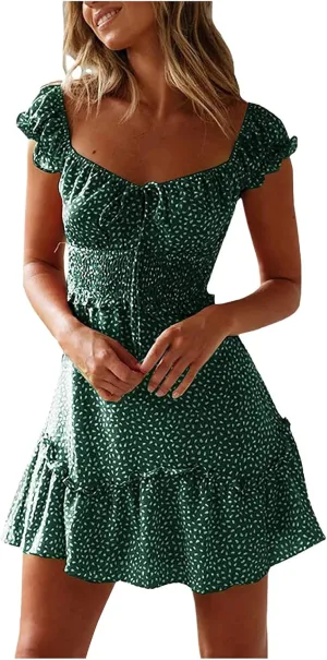 Sundresses for Women 2025 Summer Ruffle Sleeve Floral Tie Smocked Dresses Sexy Boho Neckline Printing Beach Mini Dress