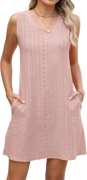 Sundresses for Women Beach Resort Loose Eyelet Tank V Neck Dress Summer Cute Sleeveless Mini Dress with Pockets