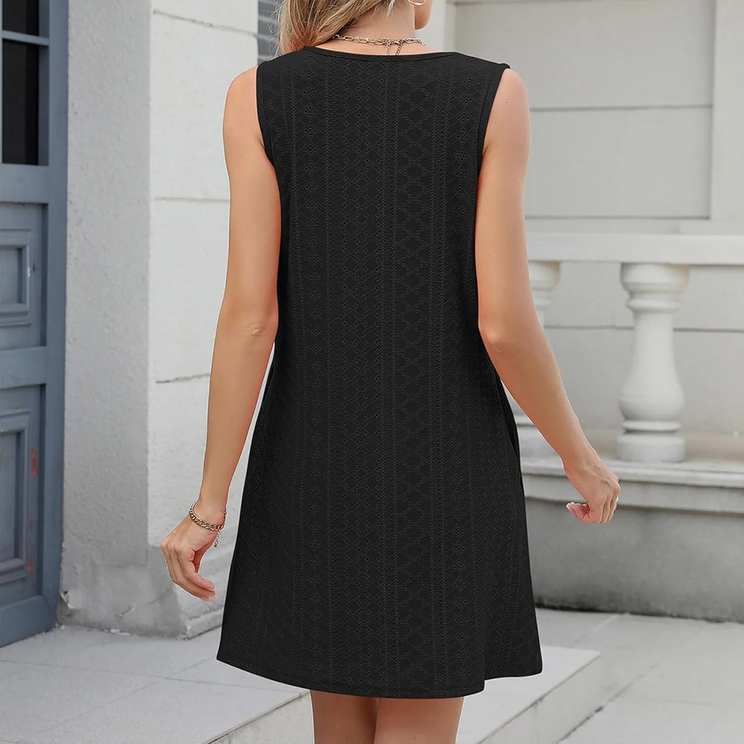 Sundresses for Women Beach Resort Loose Eyelet Tank V Neck Dress Summer Cute Sleeveless Mini Dress with Pockets