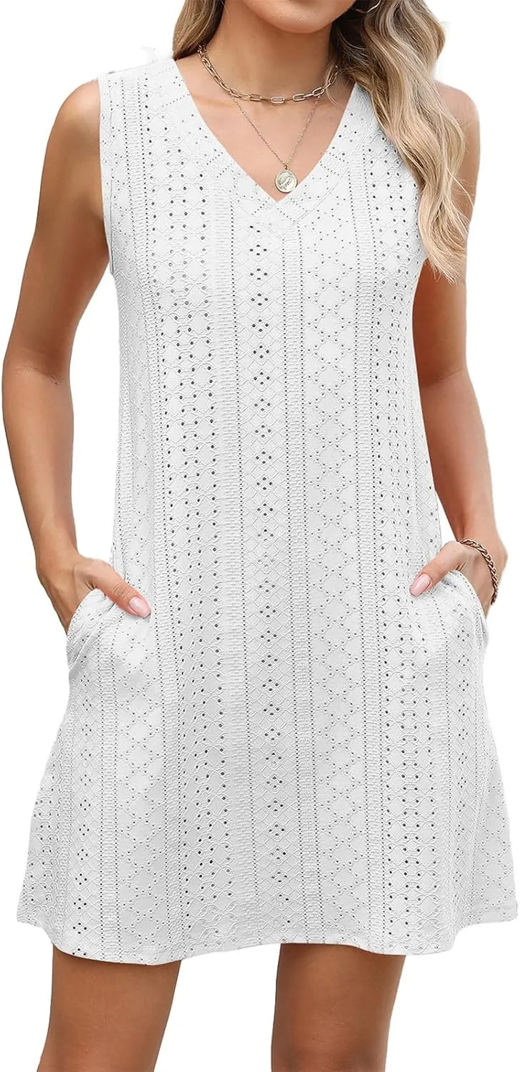 Sundresses for Women Beach Resort Loose Eyelet Tank V Neck Dress Summer Cute Sleeveless Mini Dress with Pockets