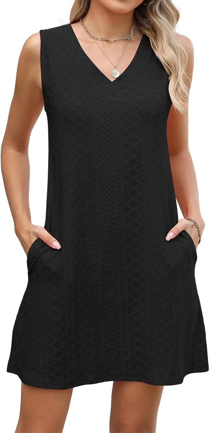 Sundresses for Women Beach Resort Loose Eyelet Tank V Neck Dress Summer Cute Sleeveless Mini Dress with Pockets