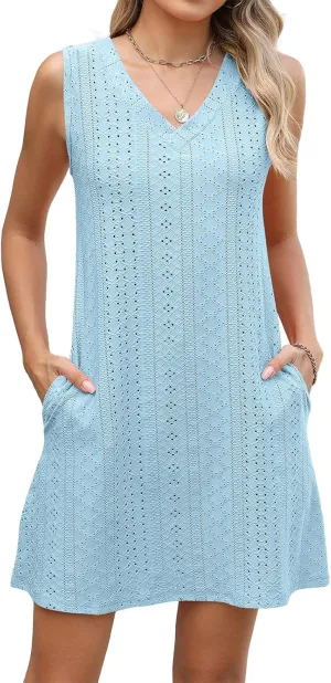 Sundresses for Women Beach Resort Loose Eyelet Tank V Neck Dress Summer Cute Sleeveless Mini Dress with Pockets