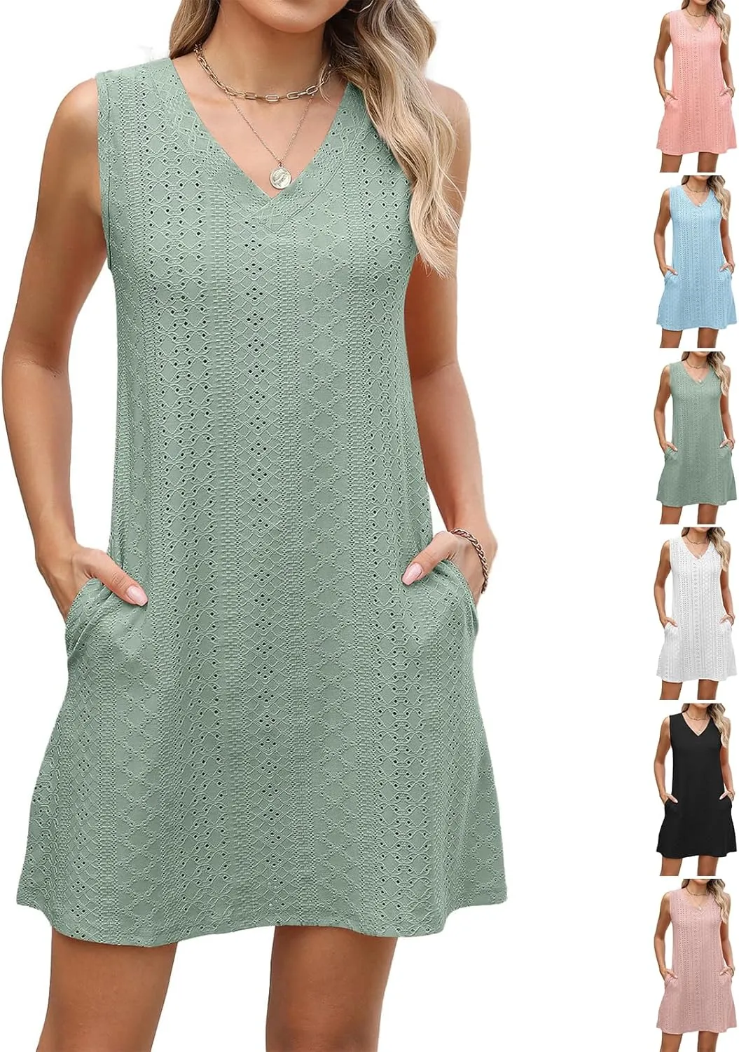 Sundresses for Women Beach Resort Loose Eyelet Tank V Neck Dress Summer Cute Sleeveless Mini Dress with Pockets