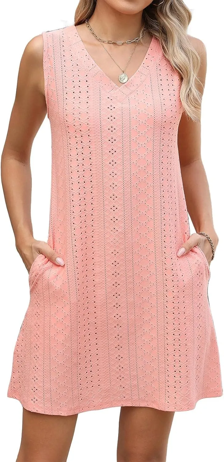 Sundresses for Women Beach Resort Loose Eyelet Tank V Neck Dress Summer Cute Sleeveless Mini Dress with Pockets