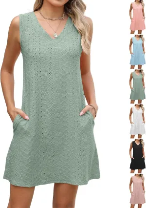 Sundresses for Women Beach Resort Loose Eyelet Tank V Neck Dress Summer Cute Sleeveless Mini Dress with Pockets