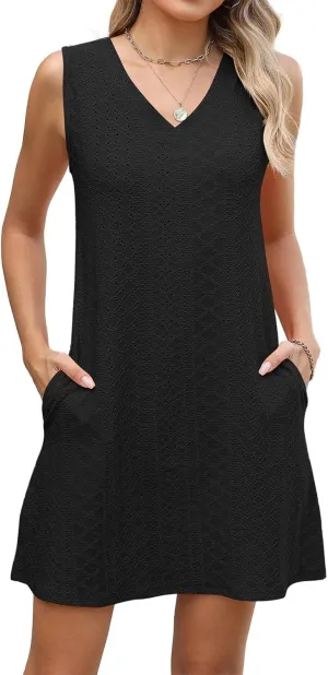 Sundresses for Women Beach Resort Loose Eyelet Tank V Neck Dress Summer Cute Sleeveless Mini Dress with Pockets