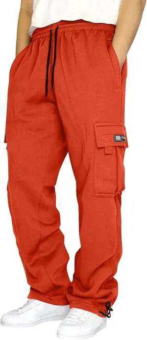 Sweatpants for Men Fashion Personalized Casual Solid Color Tie Multi-Pocket Drawstring Cargo Pants Trousers