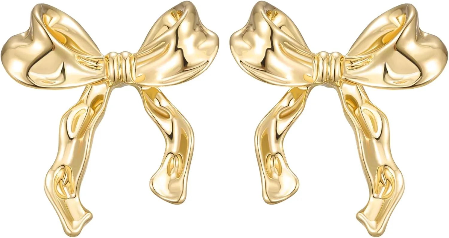 SWEETV Gold/Silver Bow Earrings for Women, 925 Sterling Silver Post Ribbon Knot Stud Earrings Drops, Daily Jewelry Accessory Valentines Day Gifts