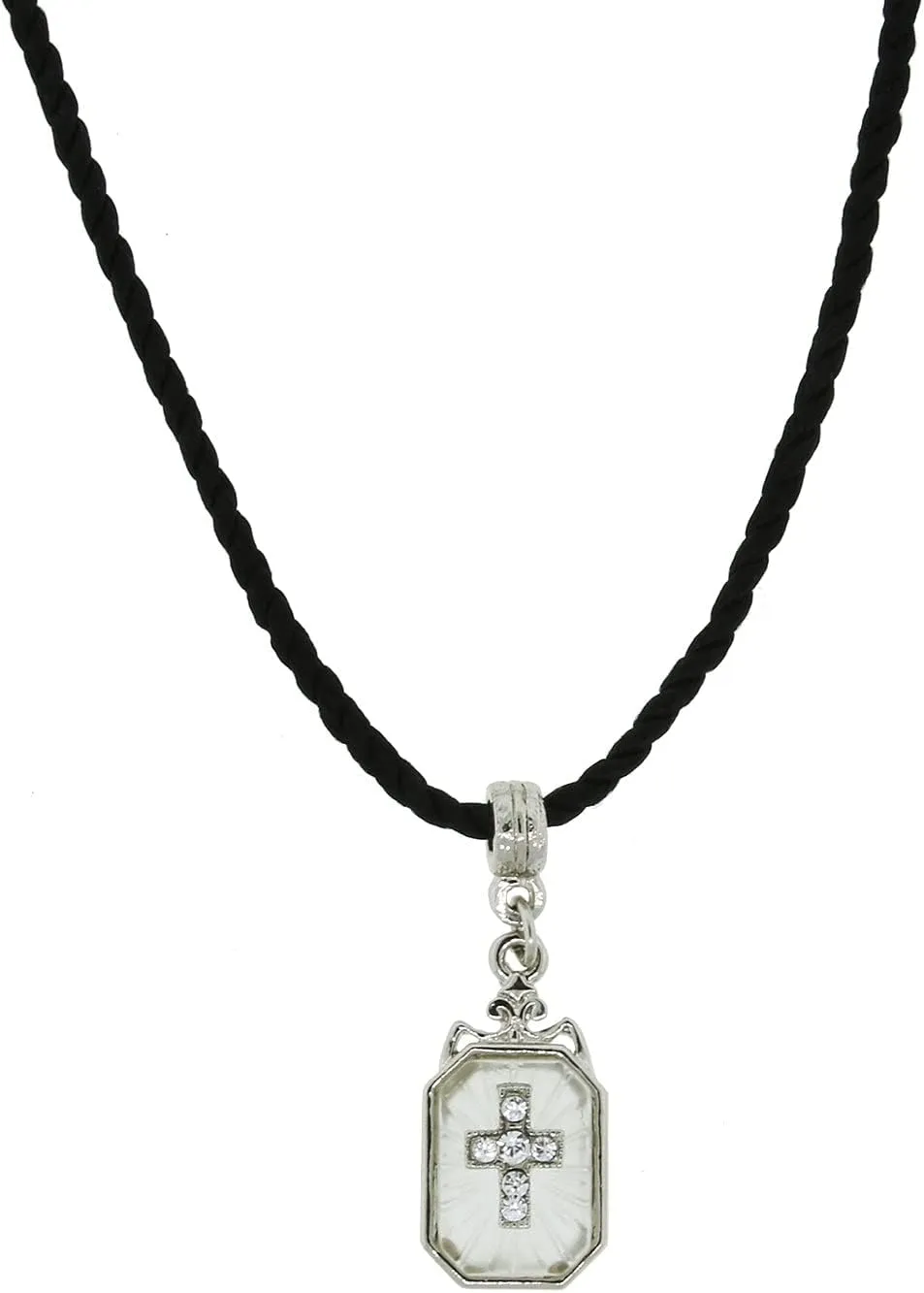 Symbols of Faith Frosted Glass Crystal Cross Pendant Necklace For Women On Black Twist Cord 15"   3" Extender