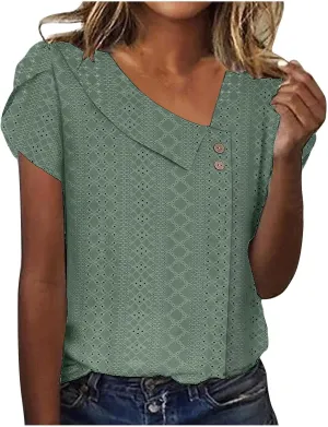 T Shirts for Women Trendy Summer 2025 Petal Short Sleeve v Neck Petite Tops Cute Lace Eyelet Dressy Casual Blouses