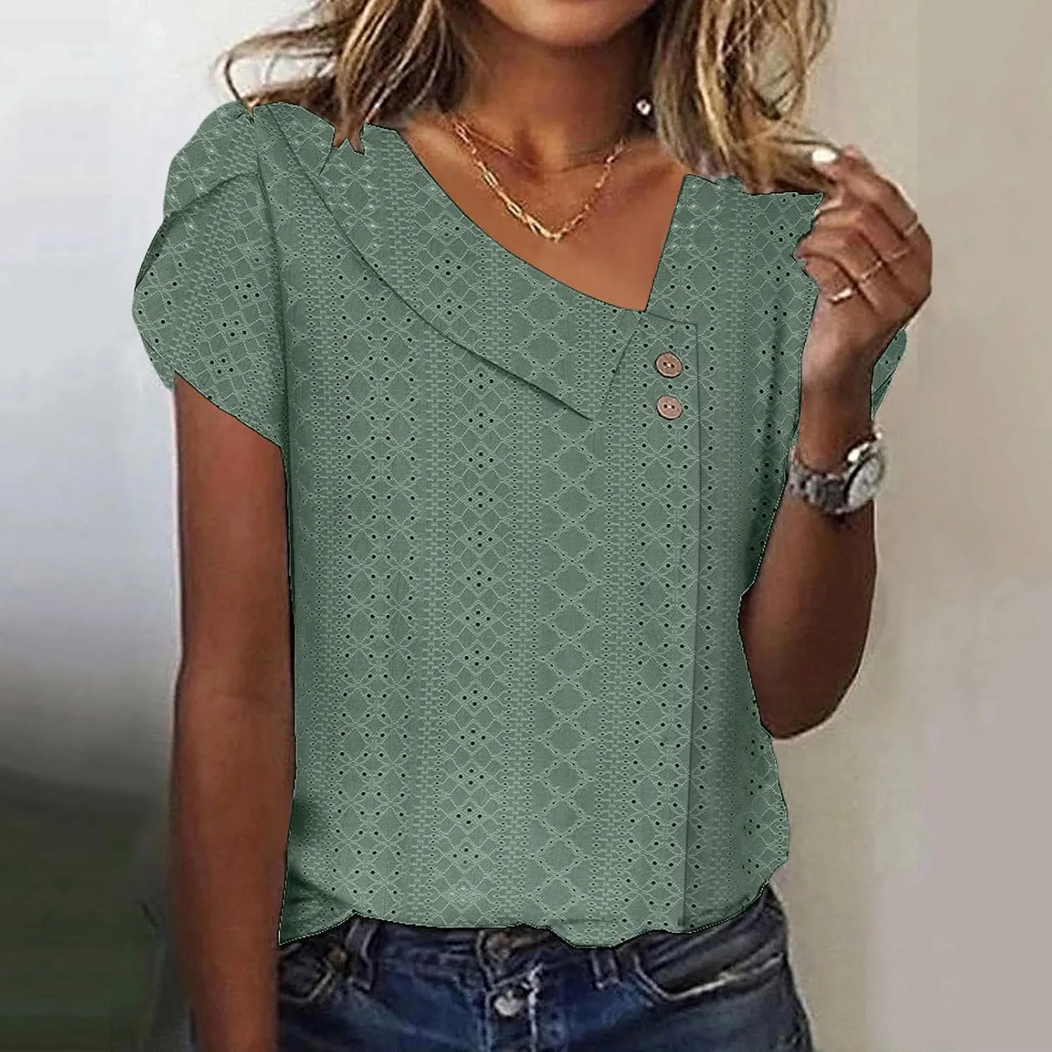 T Shirts for Women Trendy Summer 2025 Petal Short Sleeve v Neck Petite Tops Cute Lace Eyelet Dressy Casual Blouses