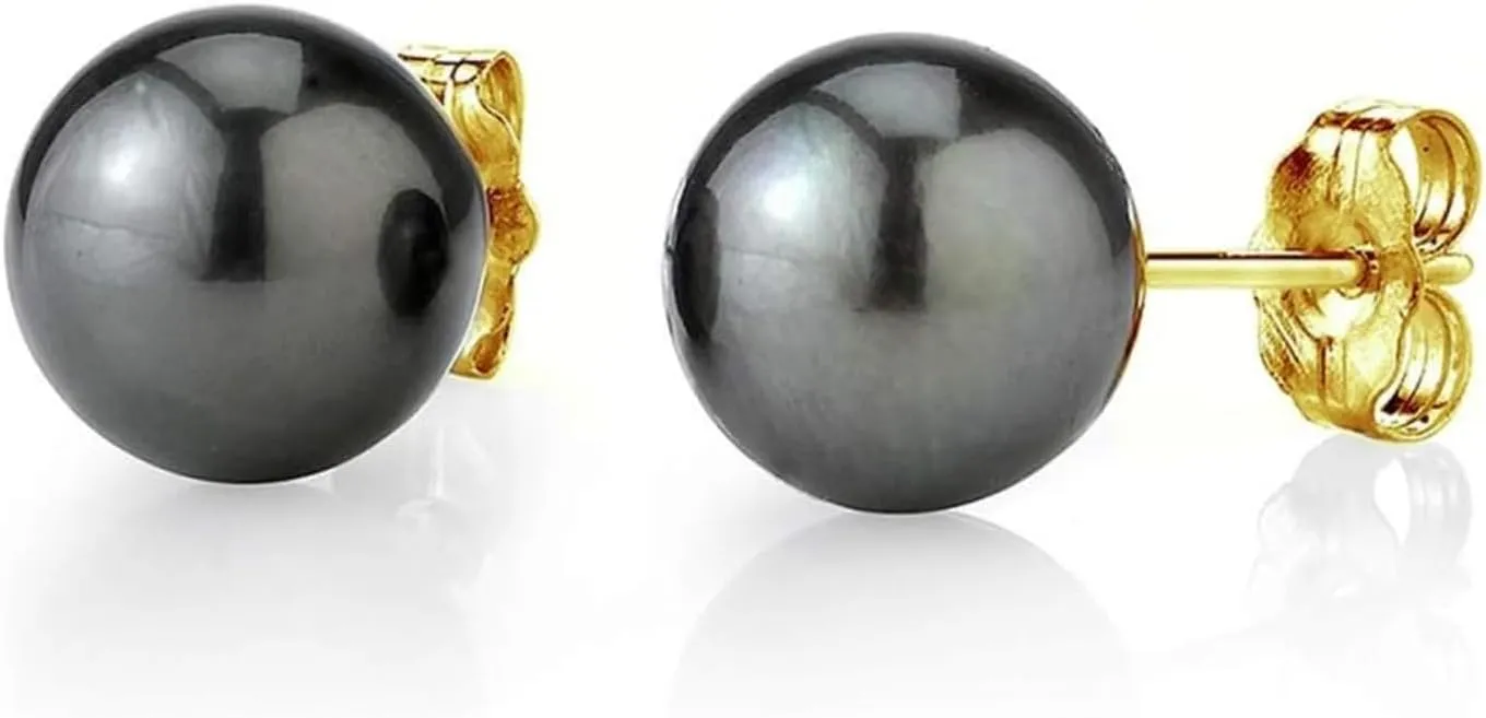 THE PEARL SOURCE 8-9mm Tahitian Real Pearl Earrings for Women - Black 14k Gold Stud Earrings | Hypoallergenic Earrings with Genuine Cultured Pearls