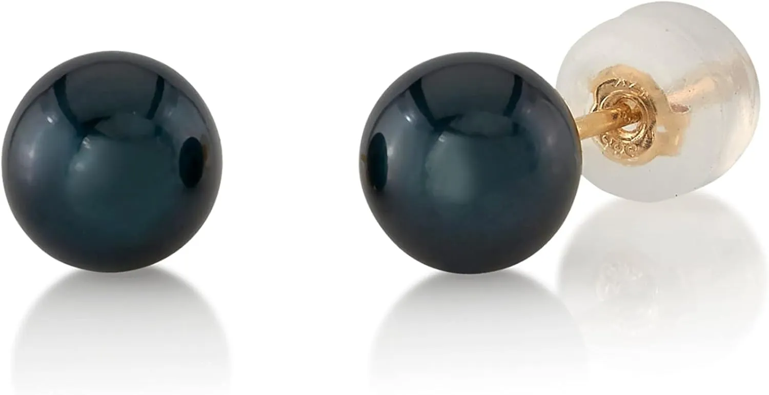 THE PEARL SOURCE Black Japanese Akoya Real Pearl Earrings for Women - 14k Gold Stud Earrings | Hypoallergenic Earrings with Genuine Cultured Pearls