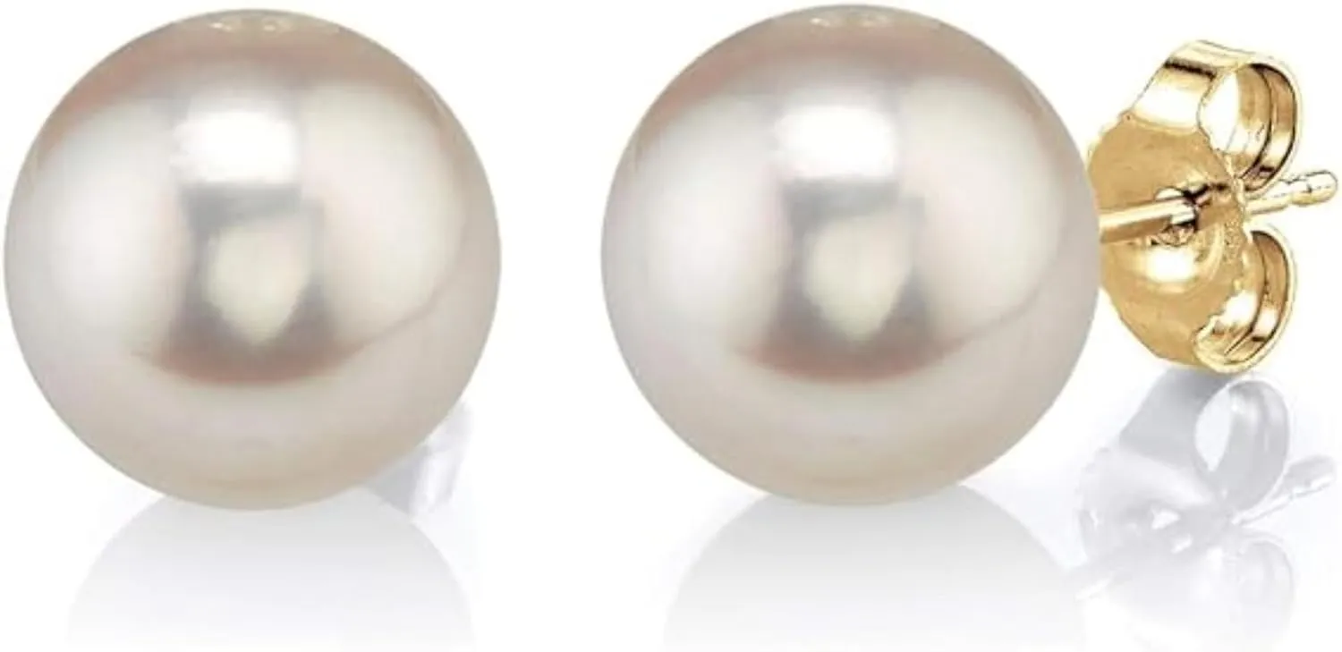 THE PEARL SOURCE Round White Freshwater Real Pearl Earrings in AAAA Quality for Women - 14k Gold Stud Earrings | Hypoallergenic Earrings with Genuine Cultured Pearls, 8.0-8.5mm