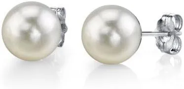 THE PEARL SOURCE Round White Freshwater Real Pearl Earrings in AAAA Quality for Women - 14k Gold Stud Earrings | Hypoallergenic Earrings with Genuine Cultured Pearls, 9.0-9.5mm