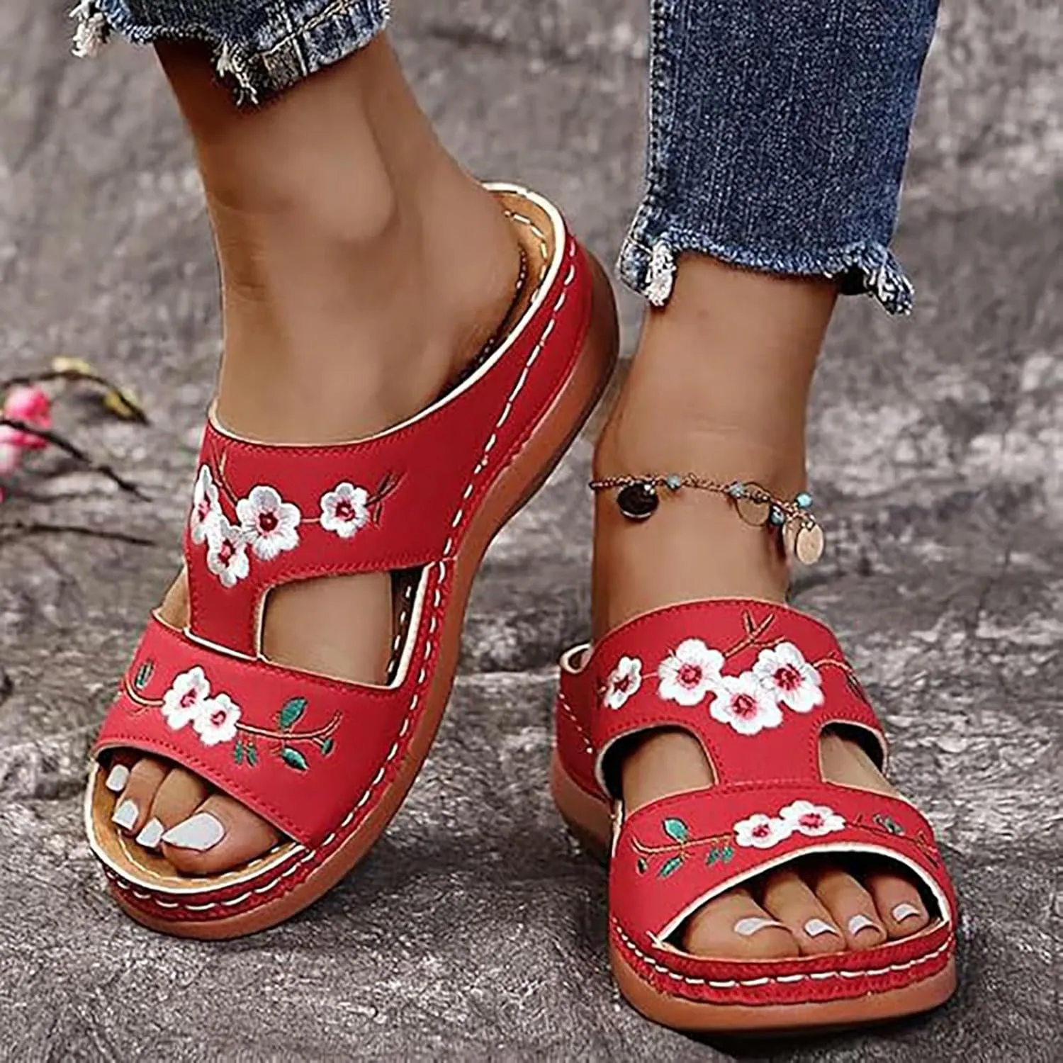Thick Bottom Slope And Fashion Outside Wearing Open Toed Square Head Cold Drags Shoes Korean Denim Cloth High Heeled