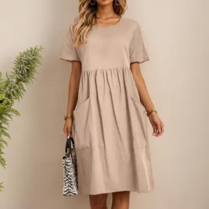 TIAFORD Women's Crew Neck Baggy Comfy Cotton Linen Dress Plus Size Short Sleeve Linen Beach Midi Dress with Pockets