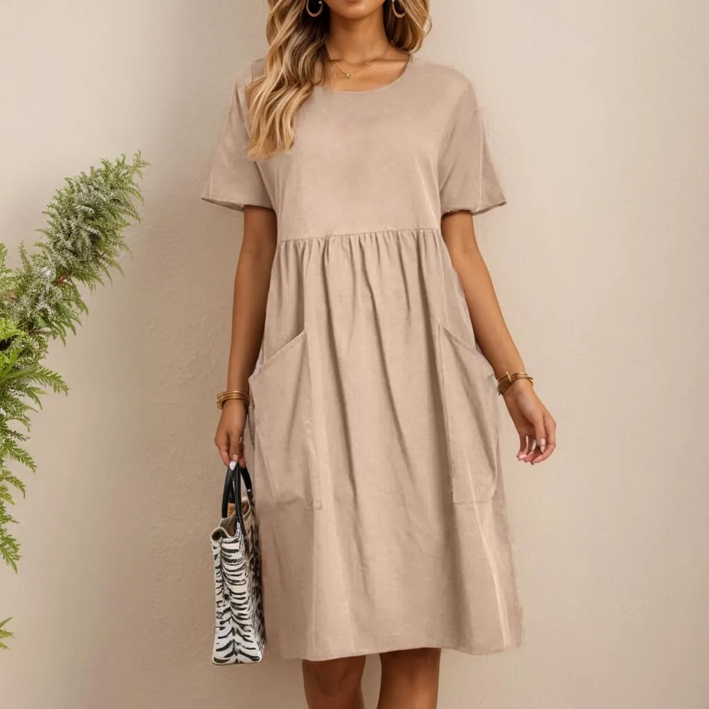 TIAFORD Women's Crew Neck Baggy Comfy Cotton Linen Dress Plus Size Short Sleeve Linen Beach Midi Dress with Pockets