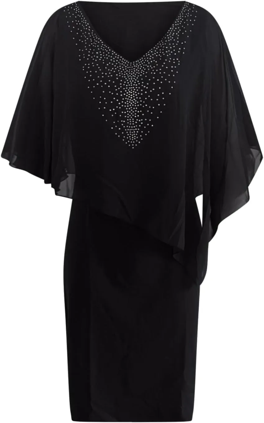 TIAFORD Women's V Neck Chiffon Midi Dress Half Sleeve Casual Flowy Layered Asymmetric Sequins Plus Size Wedding Guest Dresses