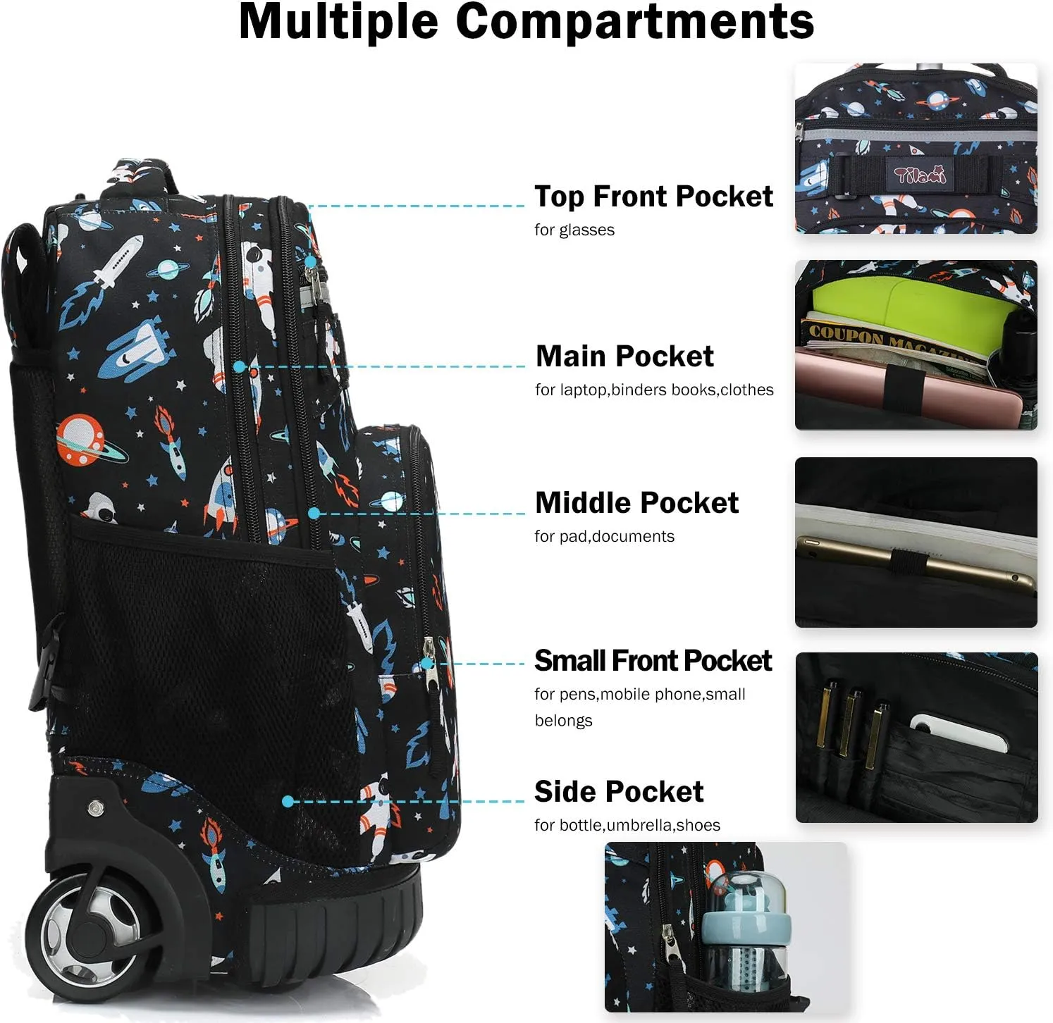 Tilami Rolling Backpack 18 inch Wheeled Backpack School College Student Travel Trip Boys and Girls