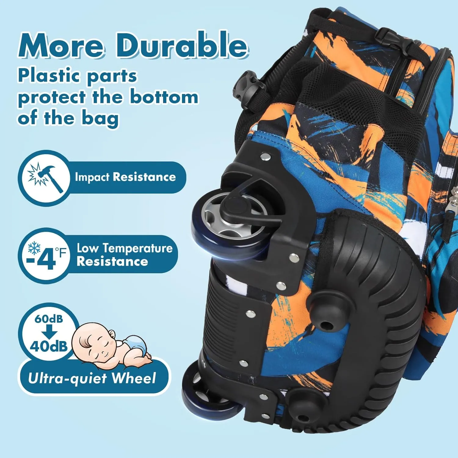 Tilami Rolling Backpack for Kids 18 Inch Wheeled Bookbag for Boys & Girls for School & Travel,Arts orange