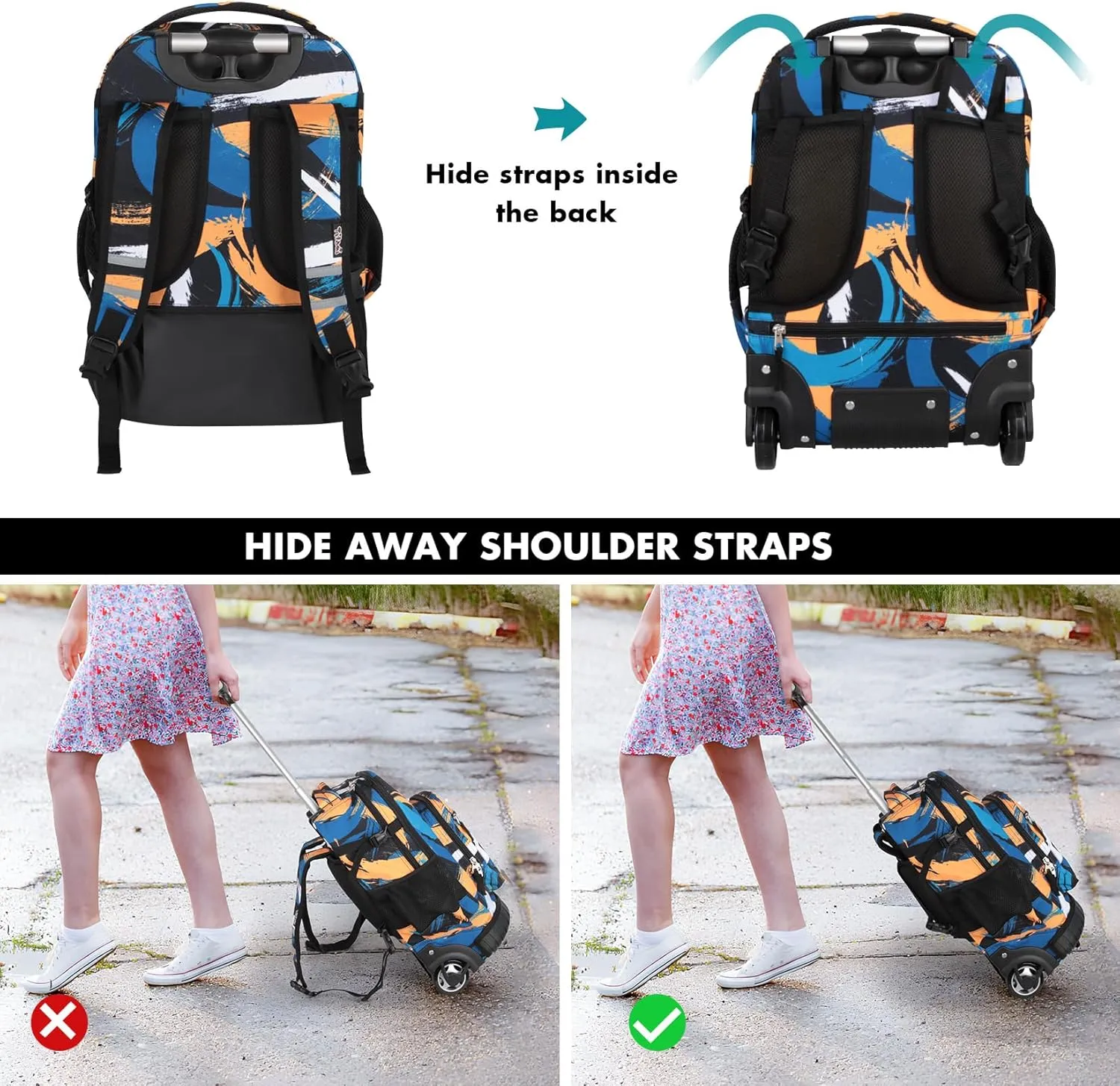 Tilami Rolling Backpack for Kids 18 Inch Wheeled Bookbag for Boys & Girls for School & Travel,Arts orange
