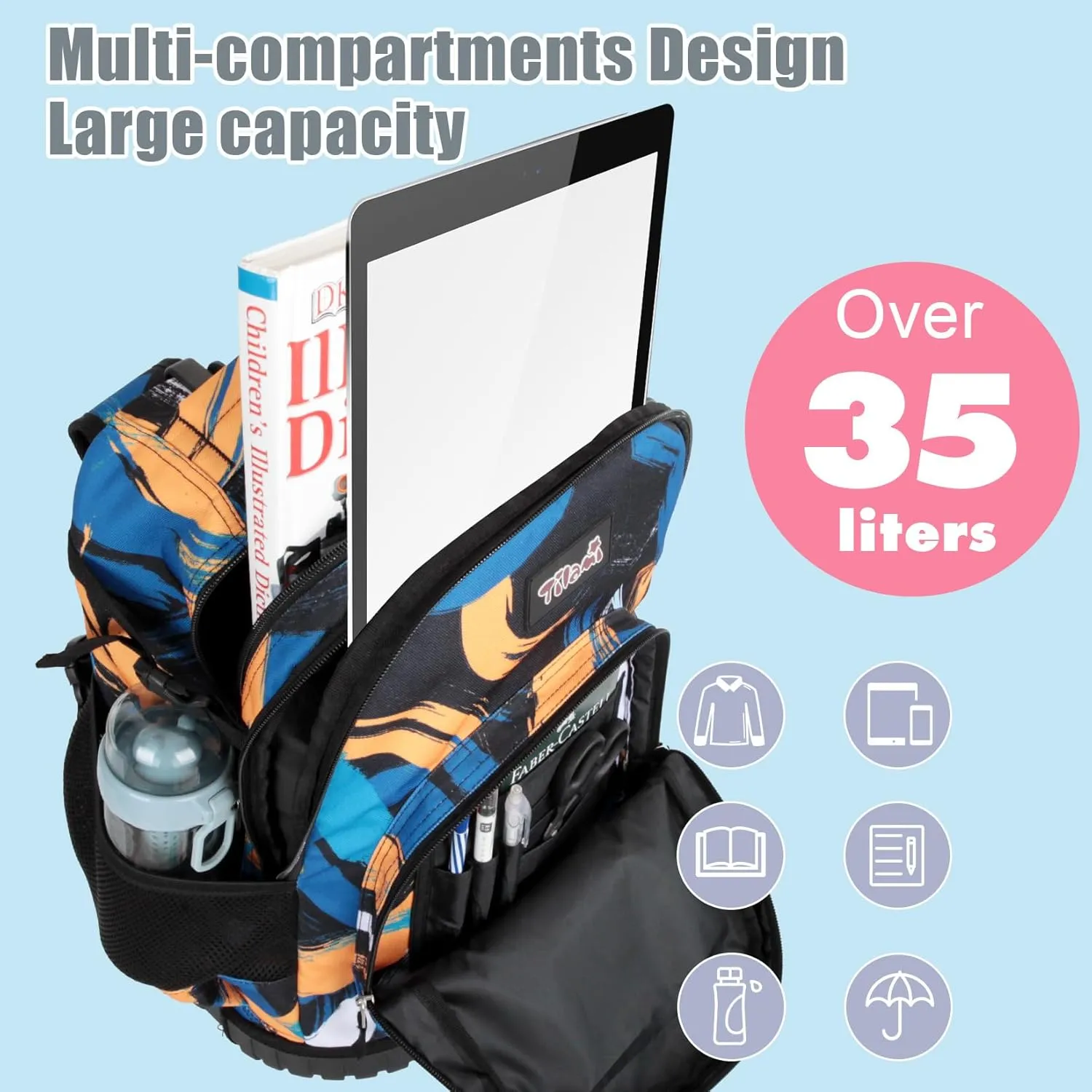 Tilami Rolling Backpack for Kids 18 Inch Wheeled Bookbag for Boys & Girls for School & Travel,Arts orange