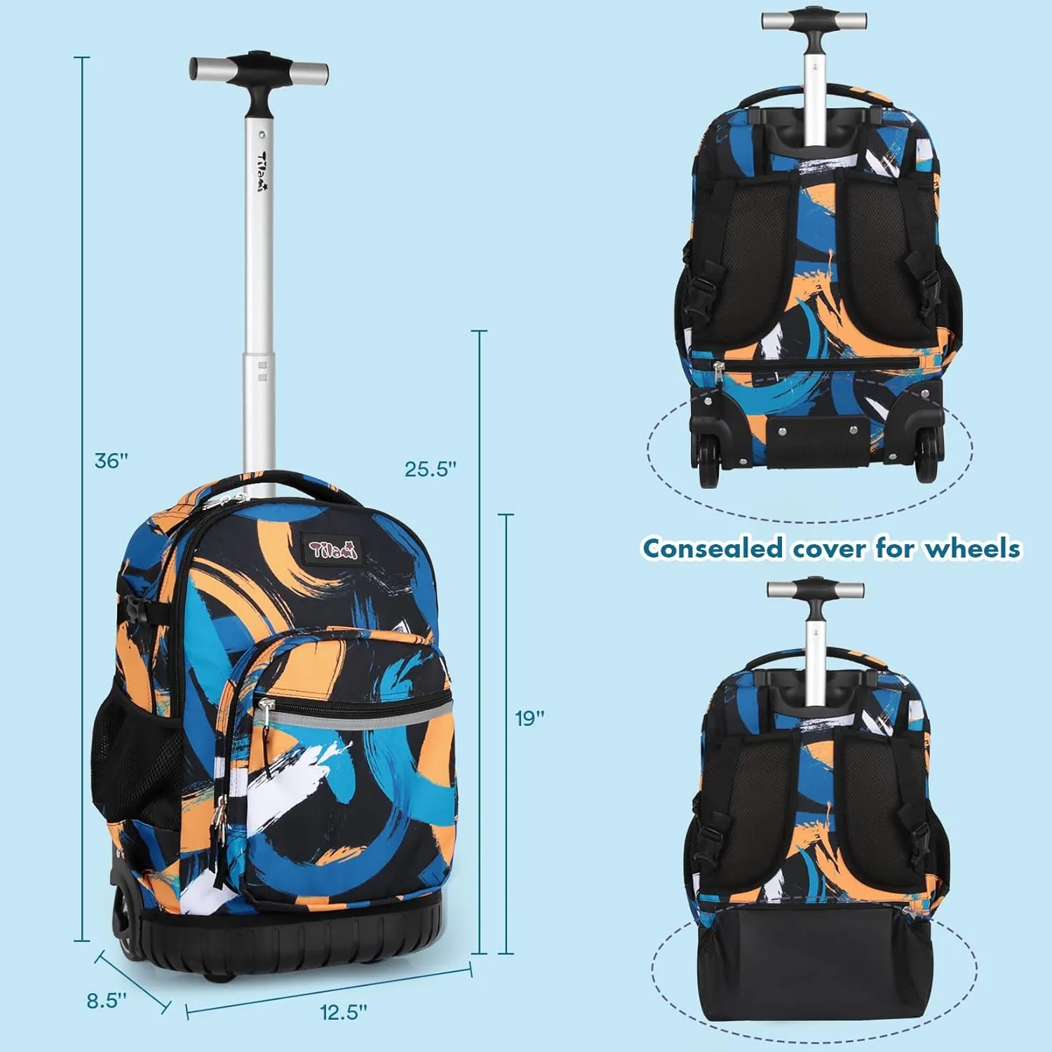 Tilami Rolling Backpack for Kids 18 Inch Wheeled Bookbag for Boys & Girls for School & Travel,Arts orange
