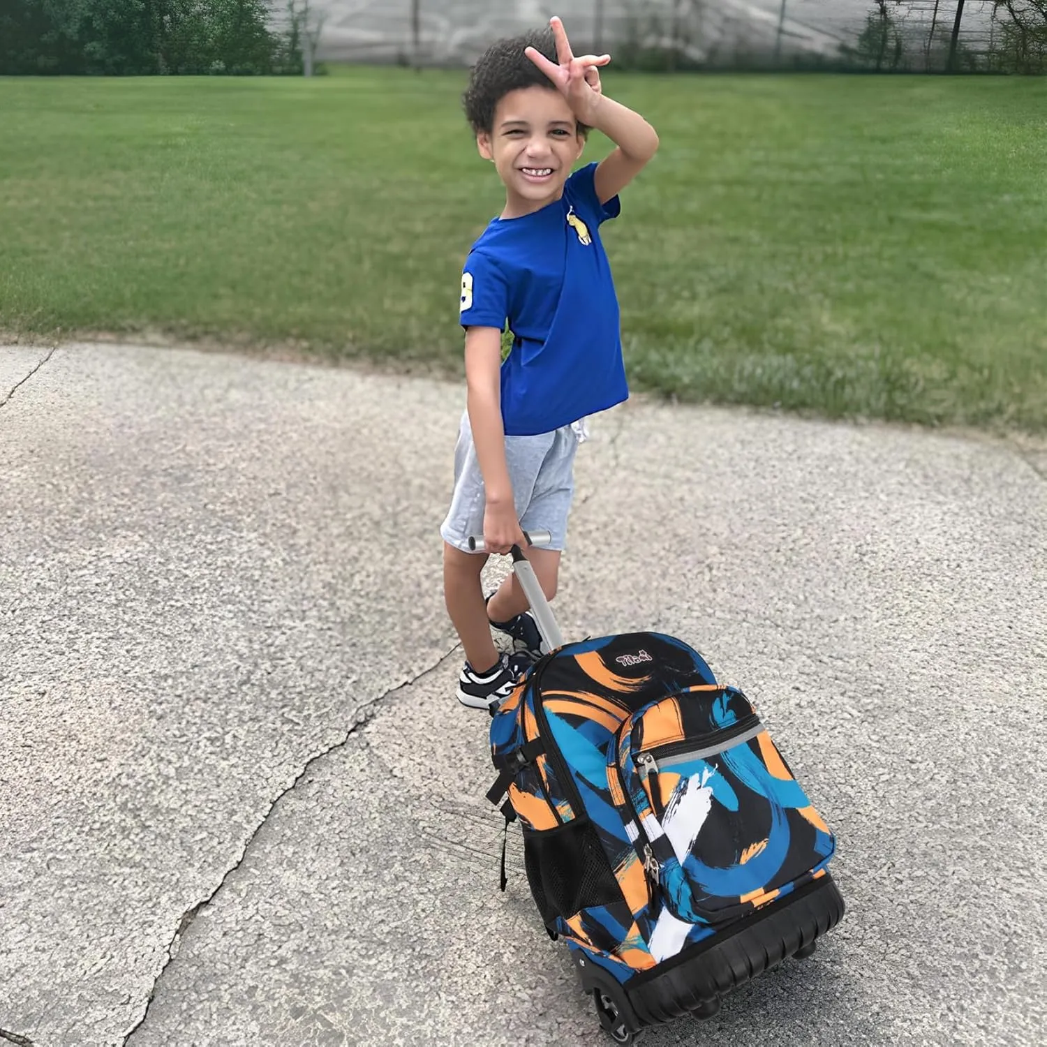 Tilami Rolling Backpack for Kids 18 Inch Wheeled Bookbag for Boys & Girls for School & Travel,Arts orange