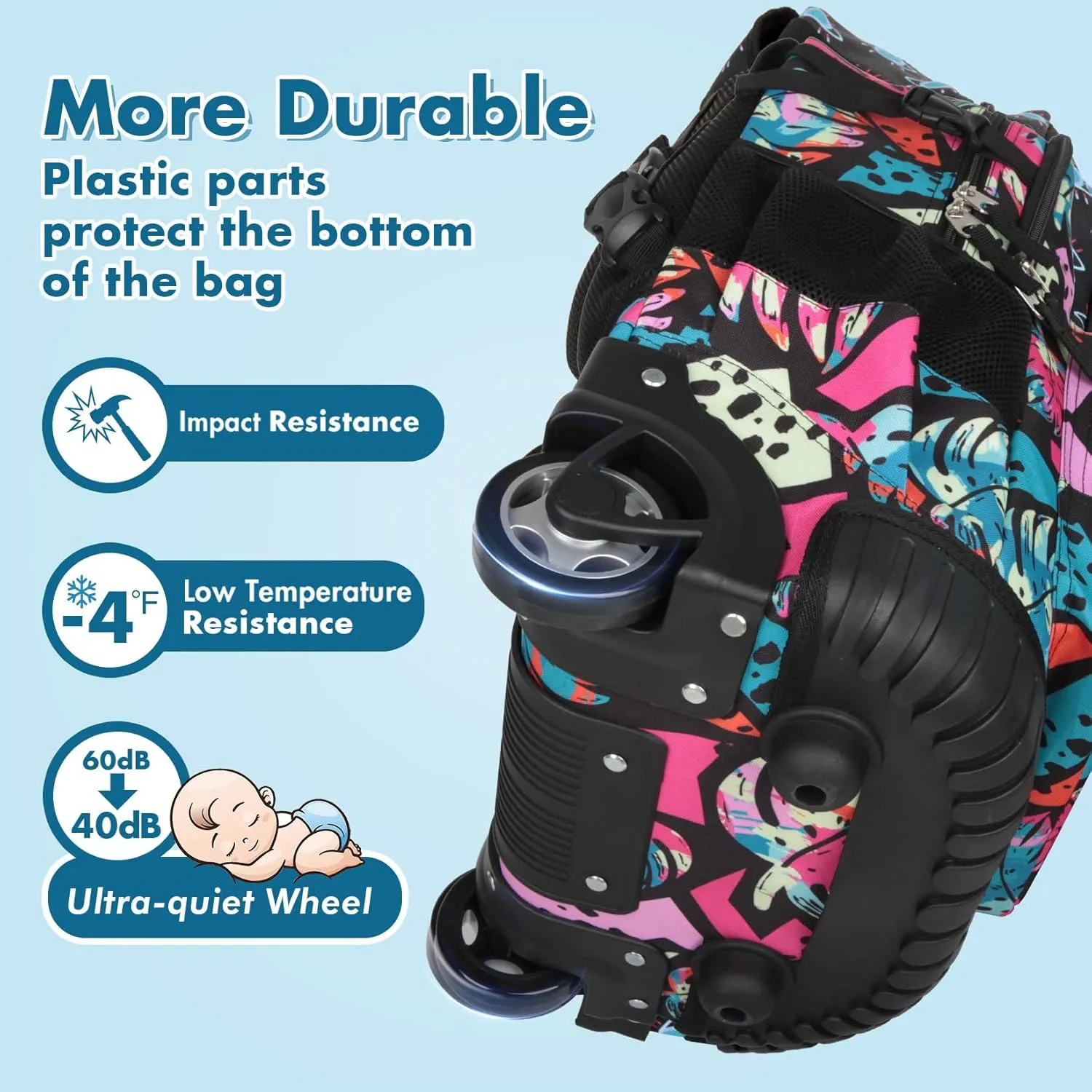 Tilami Rolling Backpack for Kids 18 Inch Wheeled Bookbag for Boys & Girls for School & Travel,Arts Pink