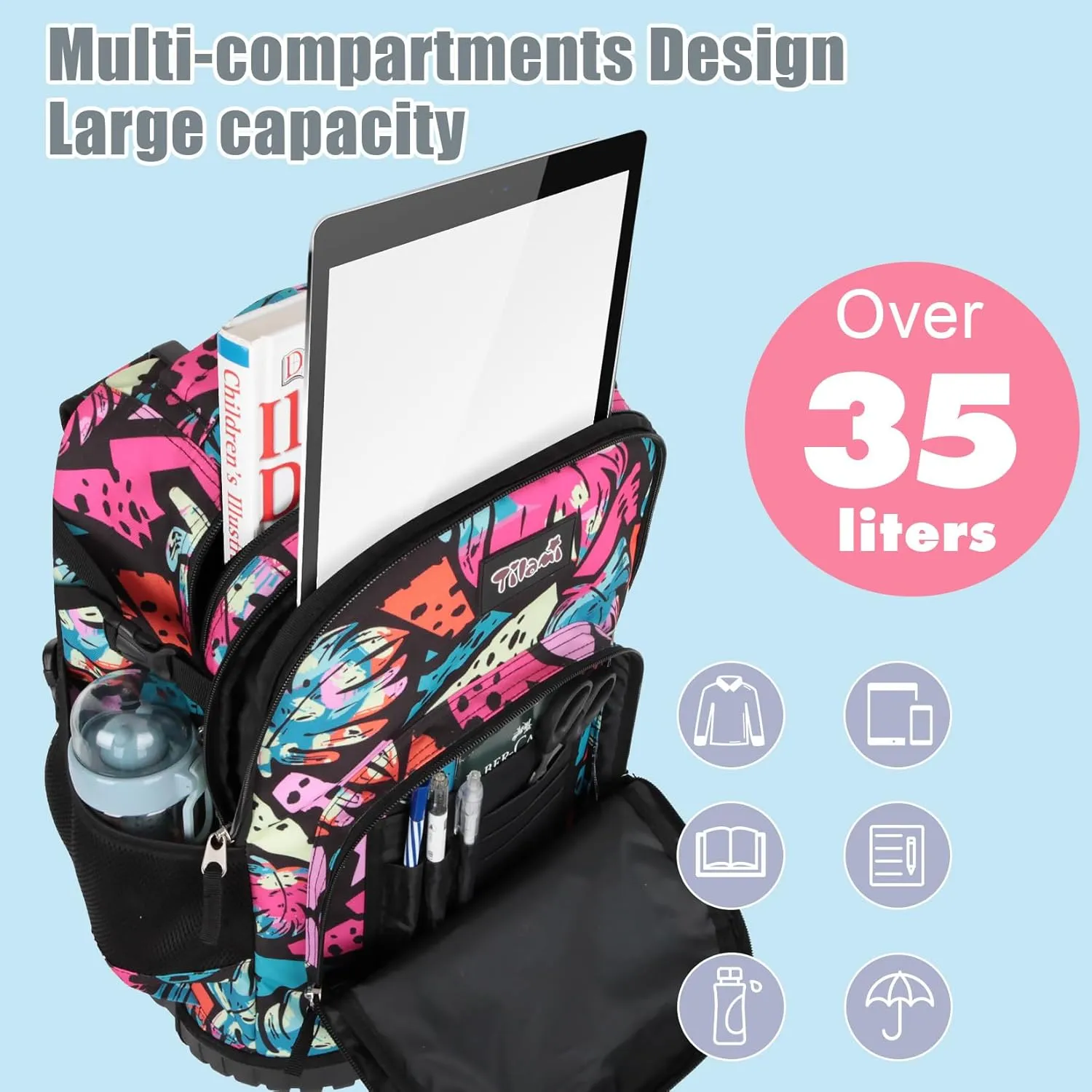 Tilami Rolling Backpack for Kids 18 Inch Wheeled Bookbag for Boys & Girls for School & Travel,Arts Pink