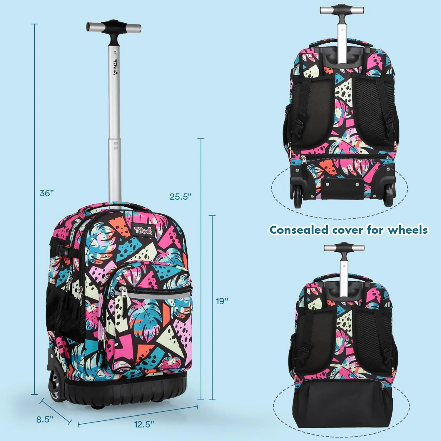 Tilami Rolling Backpack for Kids 18 Inch Wheeled Bookbag for Boys & Girls for School & Travel,Arts Pink