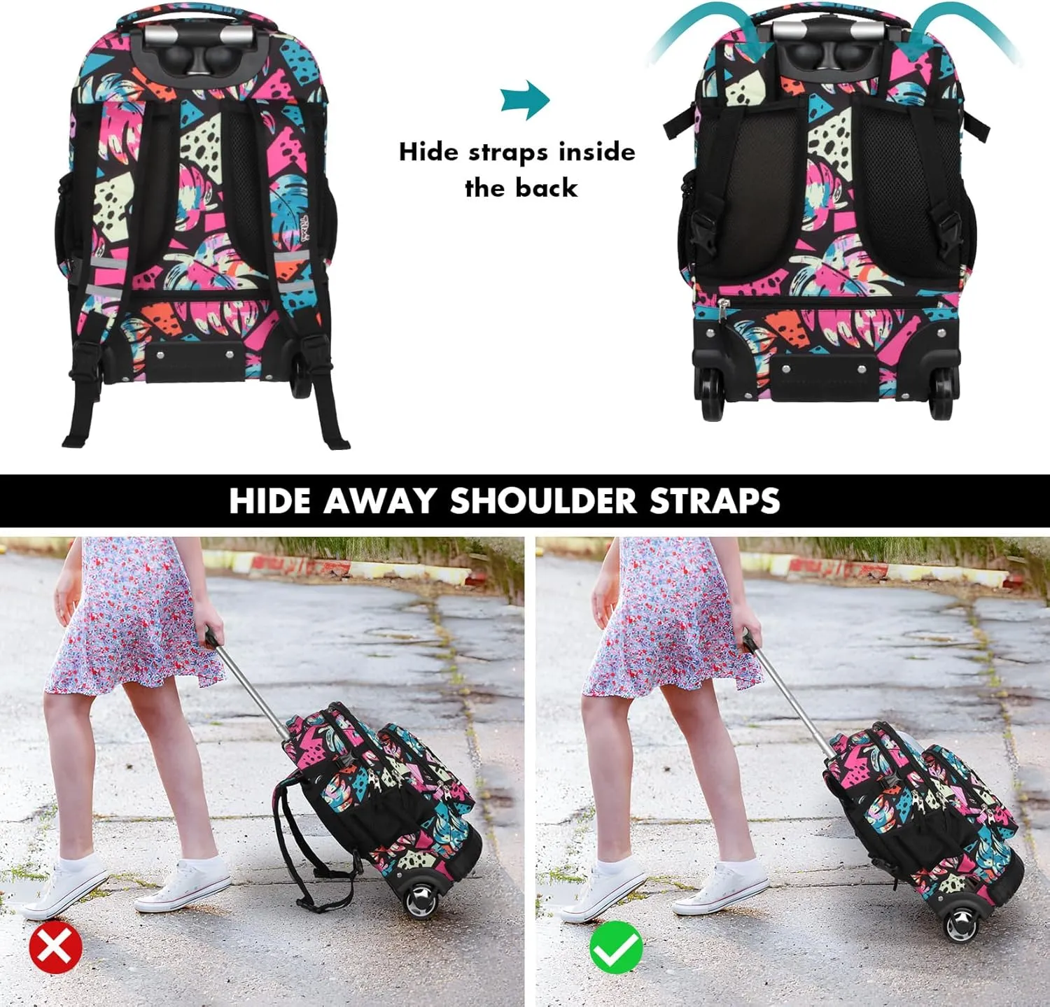 Tilami Rolling Backpack for Kids 18 Inch Wheeled Bookbag for Boys & Girls for School & Travel,Arts Pink