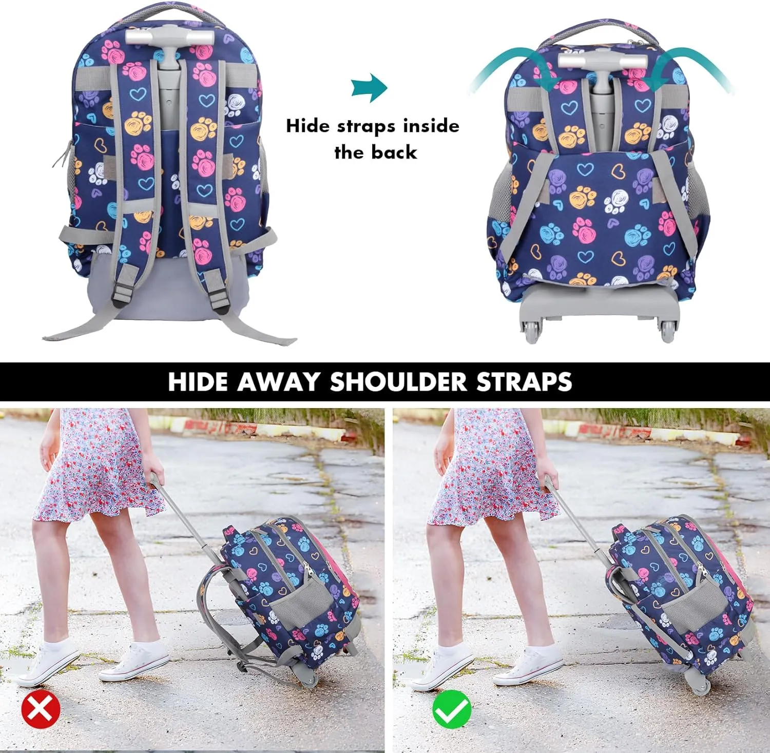Tilami Rolling Backpack for Kids 18 Inch Wheeled Bookbag for Boys & Girls for School & Travel,Pink cat