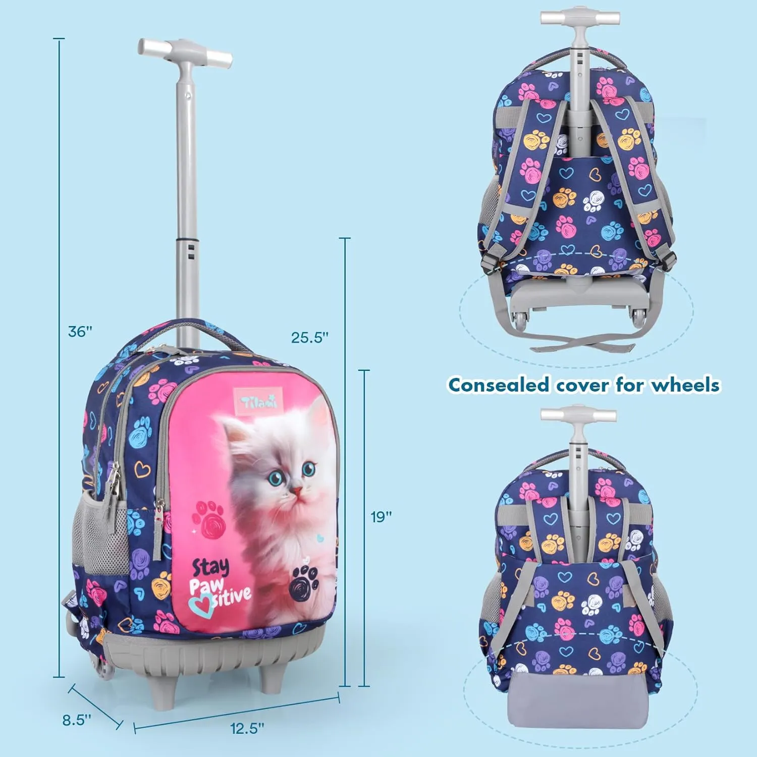 Tilami Rolling Backpack for Kids 18 Inch Wheeled Bookbag for Boys & Girls for School & Travel,Pink cat