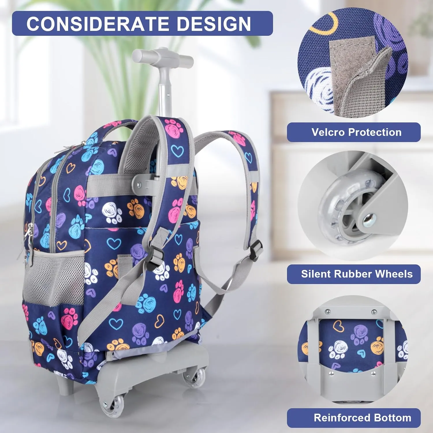 Tilami Rolling Backpack for Kids 18 Inch Wheeled Bookbag for Boys & Girls for School & Travel,Pink cat
