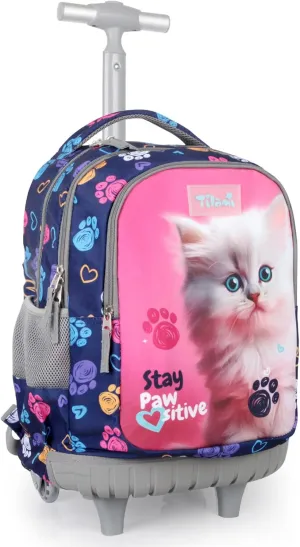 Tilami Rolling Backpack for Kids 18 Inch Wheeled Bookbag for Boys & Girls for School & Travel,Pink cat