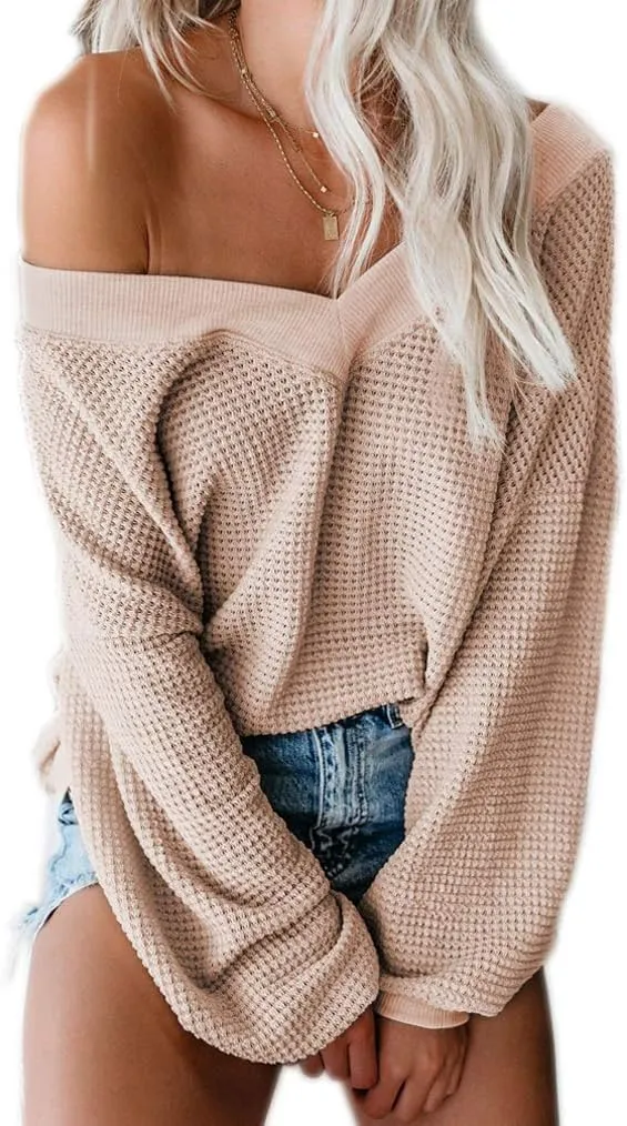 Tobrief Women's V Neck Long Sleeve Waffle Knit Tops Off Shoulder Oversized Pullover Sweater