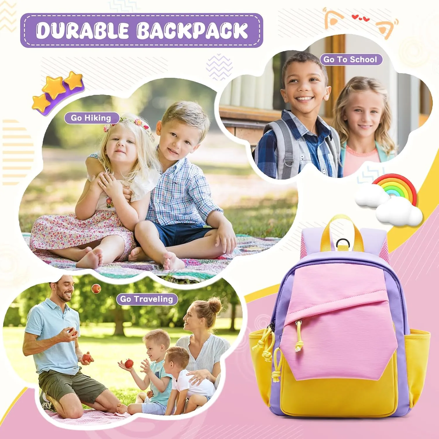 Toddler Backpack for Boys Girls 2-4, Small Kids Backpack for School, Preschool Kindergarten Backpack, Toddler Mini Bookbag Travel Daypack for Kids Purple Pink