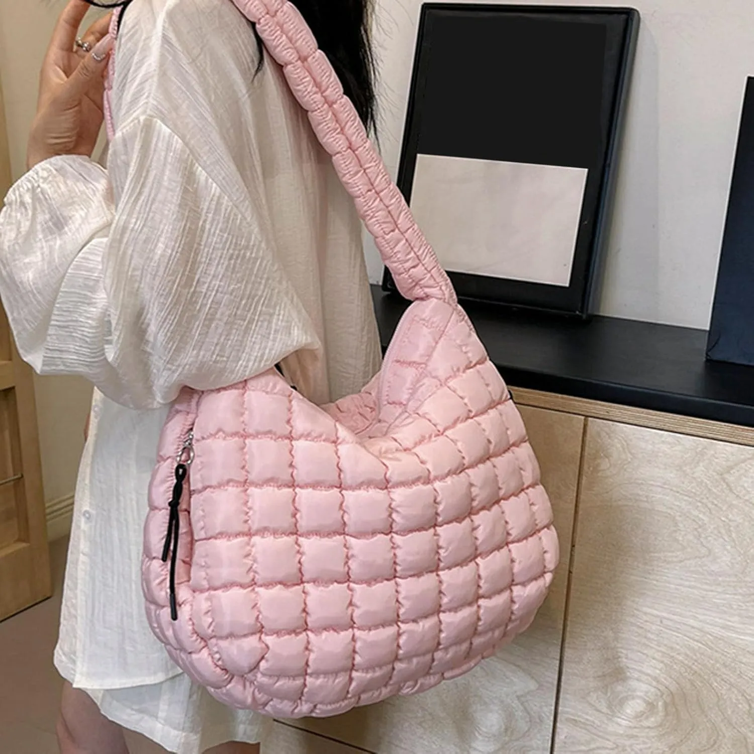 Tote Bag For Women Ladies Large Quilted Tote Bag Winter Soft Quilted Shoulder Bag Down Shoulder Bag Shopping Handbag H