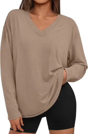 Trendy Queen Oversized Tshirts for Women Workout Plus Size Gym Tops V Neck Long Sleeve T Shirts Spring Casual Basic Tees