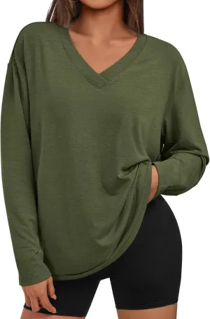 Trendy Queen Oversized Tshirts for Women Workout Plus Size Gym Tops V Neck Long Sleeve T Shirts Spring Casual Basic Tees